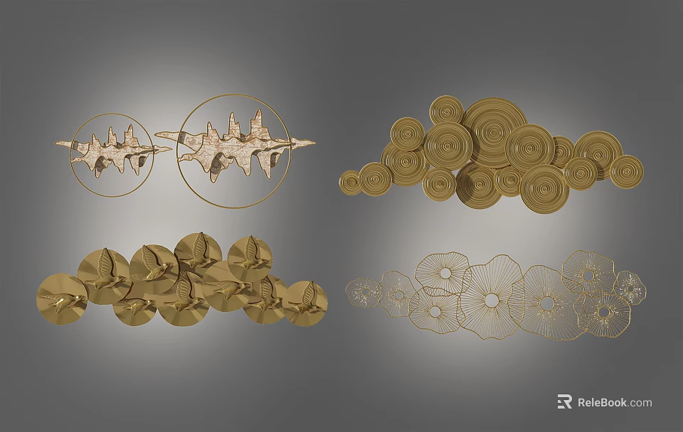 Modern Golden Metal Wall Decor with Circular Floral Patterns and Shapes 3d model 