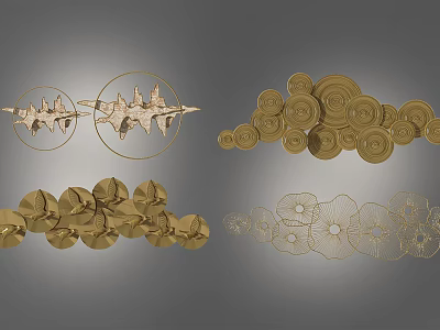 Modern Golden Metal Wall Decor with Circular Floral Patterns and Shapes 3d model