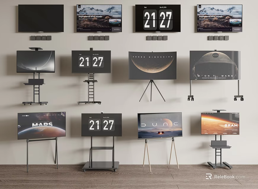 Modern TV Screens in Various Styles Wall Mounted and on Stands Display Time MARS and Landscapes 3d model 