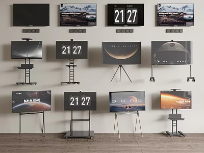Modern TV Screens in Various Styles Wall Mounted and on Stands Display Time MARS and Landscapes 3d model