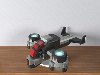 Gray Red Black Fighter Jet Model With Glowing Engines On Wooden Table 3d model