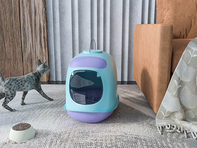Modern Blue Purple Pet Litter Box With Cat and Food Bowl in Home Living Area 3d model
