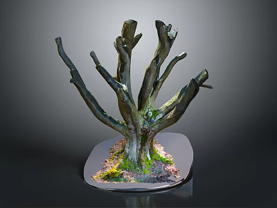 Natural Wooden Stump With Branches On Stone Base Decorative Ornament 3d model