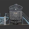 Black Steam Train Model With Blue Staircase And Platform On Display Base