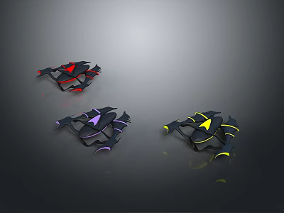 Three Different Colored Fighter Jet Models Displayed On Grey Background 3d model
