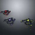 Three Different Colored Fighter Jet Models Displayed On Grey Background