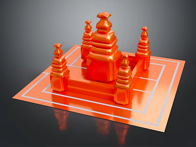 Red Architectural Model With Multiple Tower Structures On Square Platform And Geometric Lines 3d model