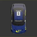 Blue Rally Car With BLUTUTU Logo Yellow Graphics And Gold Wheels