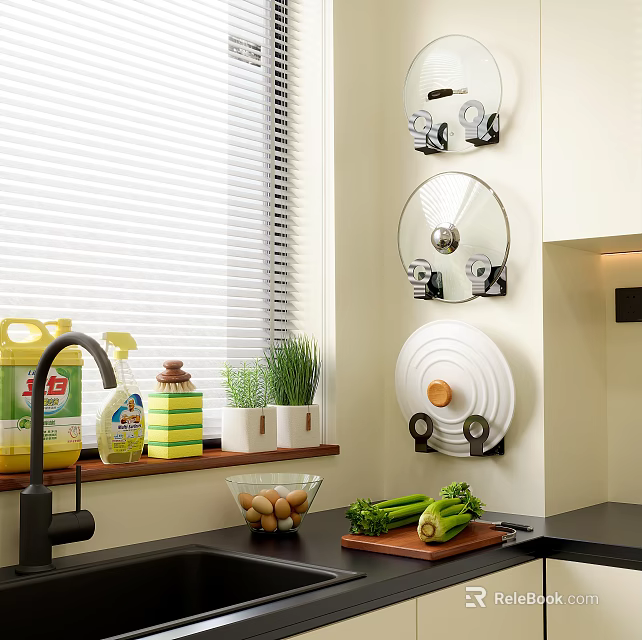 Organized Kitchen With Hanging Pot Lids And Fresh Herbs On Countertop 3d model 