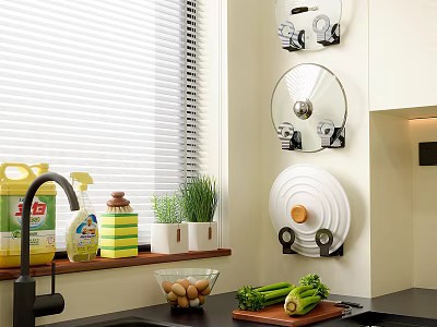Organized Kitchen With Hanging Pot Lids And Fresh Herbs On Countertop 3d model