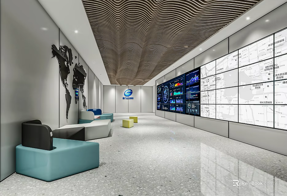 Modern Monitoring Room With Multiple Screens World Map Colored Sofas And Wavy Ceiling 3d model 