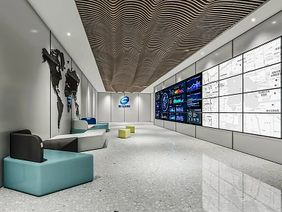 Modern Monitoring Room With Multiple Screens World Map Colored Sofas And Wavy Ceiling 3d model