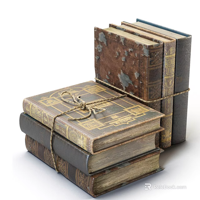 Vintage Stacked Books With Worn Decorative Covers Tied With Rope 3d model 