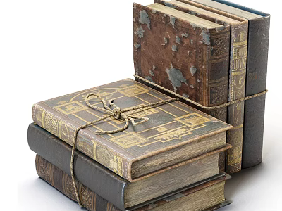 Vintage Stacked Books With Worn Decorative Covers Tied With Rope 3d model