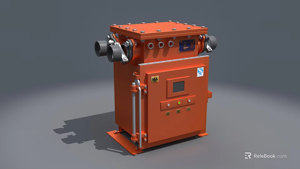 Industrial Control Equipment With Orange Metal Casing Multiple Interfaces Control Buttons And Digital 3d model 