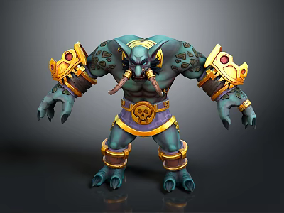Muscular Fantasy Character And Mythical Creature With Green Skin Golden Ornaments Horns And Fangs 3d model