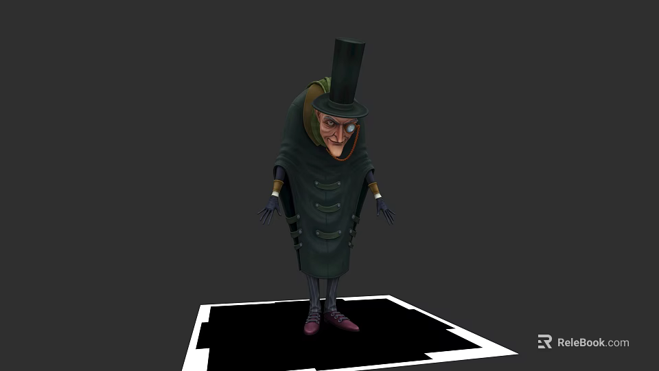 Mystical Fantasy Character Creature With Top Hat Long Coat And Glasses Standing On Black Platform 3d model 