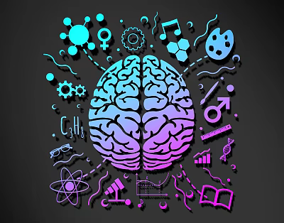 Line Art Brain Design With Surrounding Scientific Artistic Icons And Symbols 3d model