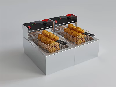 Double Deep Fryer With Stainless Steel Body Frying Baskets And Crispy Fried Food 3d model