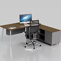 Modern Work Desk with Computer Monitor Office Chair Drawer Cabinet and Wooden Top