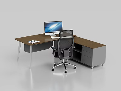 Modern Work Desk with Computer Monitor Office Chair Drawer Cabinet and Wooden Top 3d model