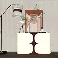 Modern Entryway Console Cabinet Sideboard Geometric Design White Brown With Floor Lamp Decorative Painting Vase