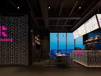 Modern Cafe Interior With Perforated Wall Pink Logo Large Windows And Dining Area 3d model