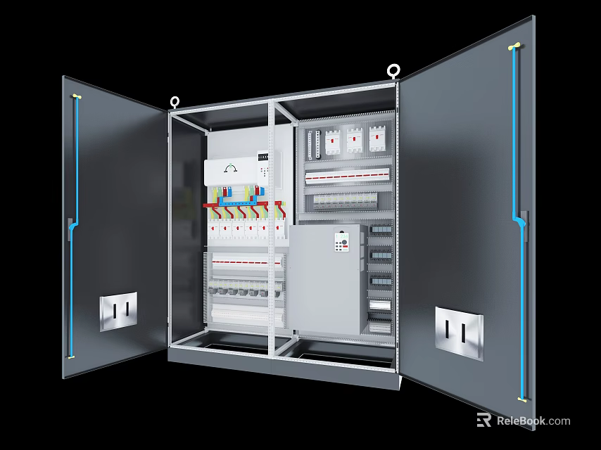 Industrial Electrical Control Cabinet Open Door Design with Internal Wiring and Instrumentation 3d model 
