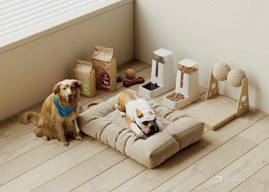 Two Dogs Relaxing on Pet Bed with Food Bags Feeder and Toys 3d model 
