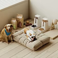 Two Dogs Relaxing on Pet Bed with Food Bags Feeder and Toys