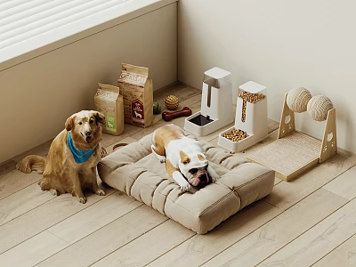 Two Dogs Relaxing on Pet Bed with Food Bags Feeder and Toys 3d model