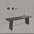 Modern Dark Brown Wooden Table With Decor Items And Three Wall Spherical Ornaments