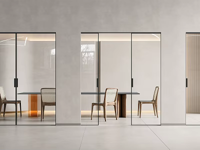 Modern Minimalist Interior With Glass Sliding Doors And Dining Table Chairs 3d model