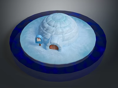 Cartoon Igloo Scene On Ice Surface With Blue Base And Small Door 3d model