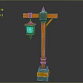 Vintage Wooden Street Lamp Structure With Green Accents Blue Lantern And Yellow Base