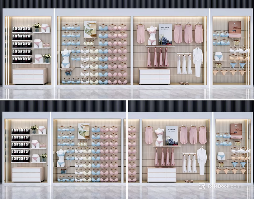 Modern Retail Display Shelves With Hanging Garments And Stacked Clothing Items 3d model 