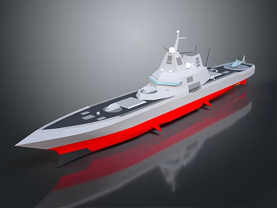Sleek Modern Warship With White Superstructure Red Hull Bottom And Naval Deck Equipment 3d model