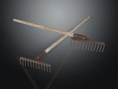 Two Crossed Vintage Garden Rakes with Wooden Handles and Metal Tines as Decorative Accents 3d model