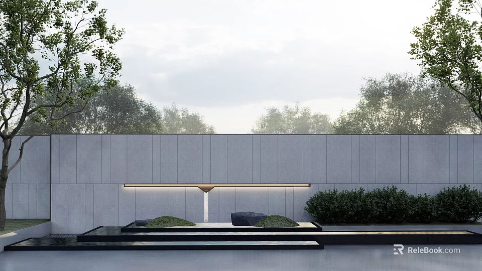 Modern Feature Wall Design with Gray Panel Surface Light Strip Green Plants and Black Platform 3d model 