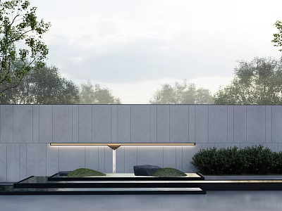 Modern Feature Wall Design with Gray Panel Surface Light Strip Green Plants and Black Platform 3d model