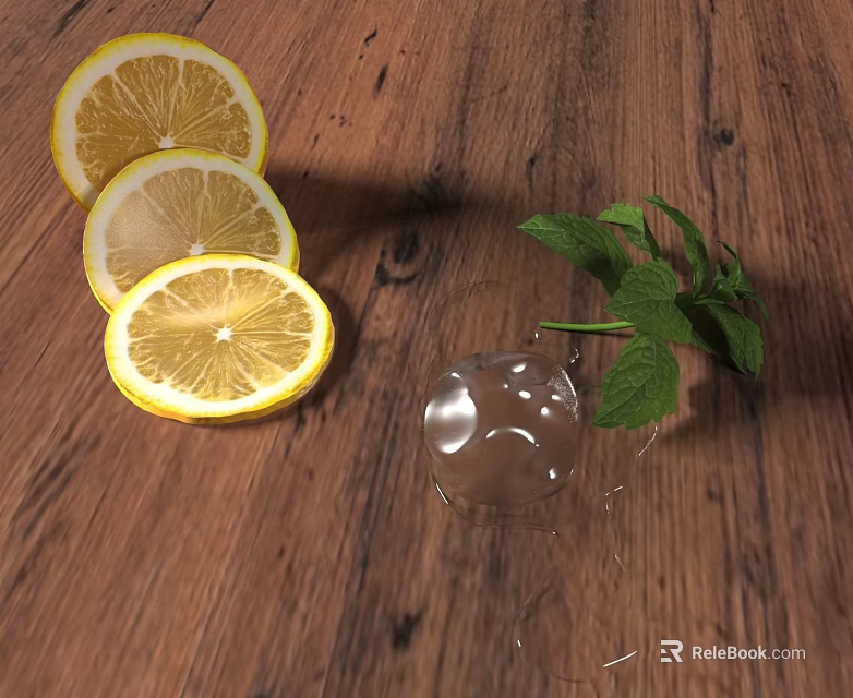 Refreshing Clear Drink With Lemon Slices And Fresh Mint On Wooden Table 3d model 