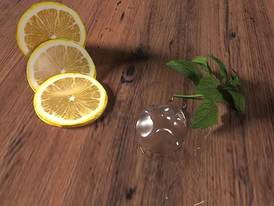 Refreshing Clear Drink With Lemon Slices And Fresh Mint On Wooden Table 3d model