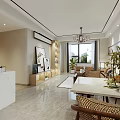 Chinese Style Living And Dining Room Interior With Sofa Coffee Table And Decorative Paintings