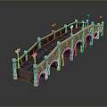 Classical Arch Bridge 3D Model With Red Brick Material And Street Lamps On Both Sides