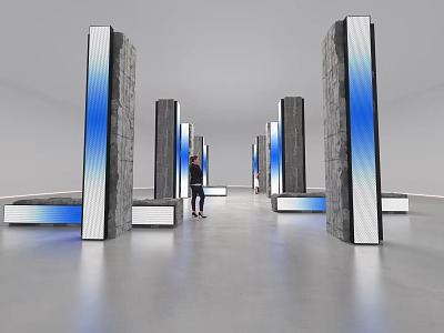Modern Exhibition Space With Tall Gray Blue Gradient Pillars And Person Standing 3d model