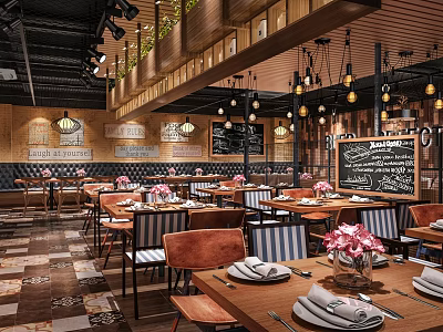 Warm Restaurant Interior With Wooden Tables Chairs Flower Decor Chalkboard Menu And Pendant Lights 3d model