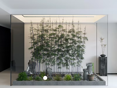 Bamboo Indoor Landscape With Stones Green Plants And Water Feature 3d model