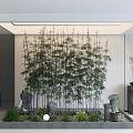 Bamboo Indoor Landscape With Stones Green Plants And Water Feature