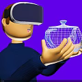 Person Wearing VR Headset Holding Virtual Wireframe Creature On Purple Background