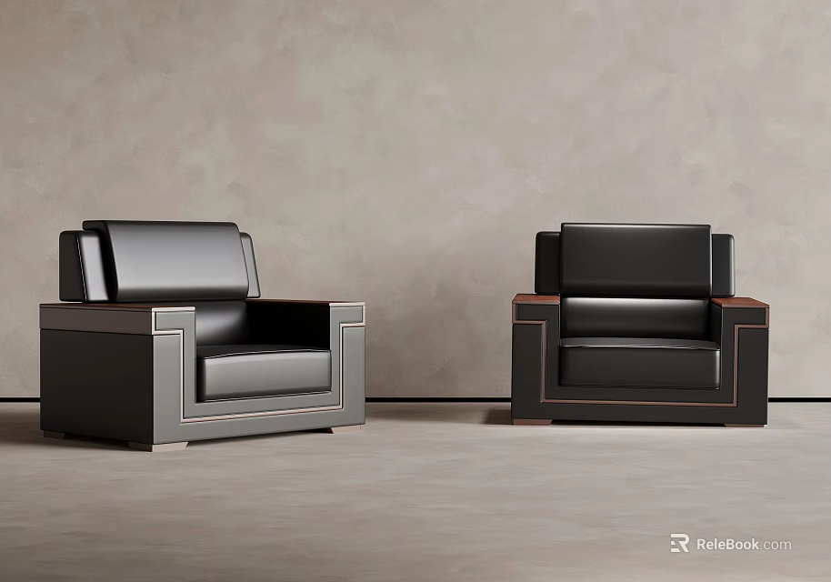 Black Leather Single Sofa With Modern Square Design And Wooden Frame Details 3d model